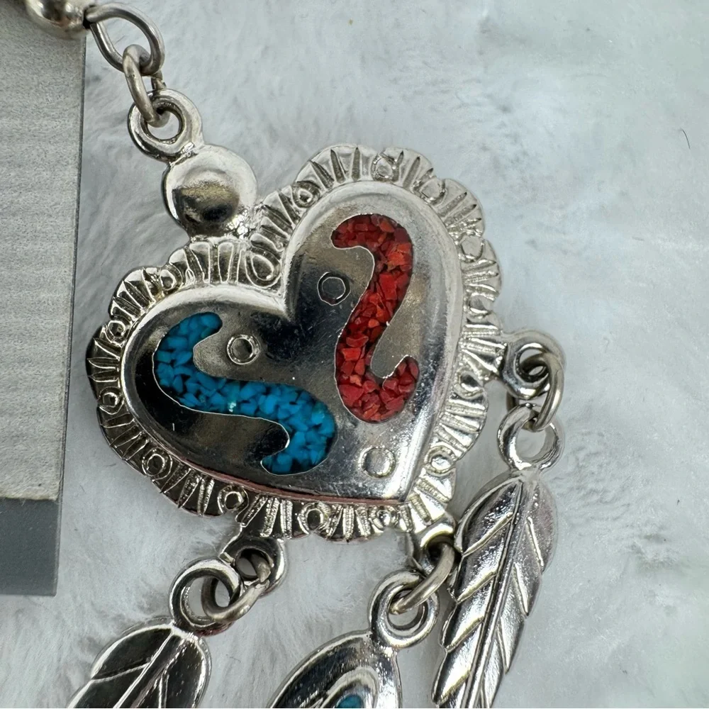 Native American Southwestern Silver Turquoise Inlay Heart & Feather Earrings